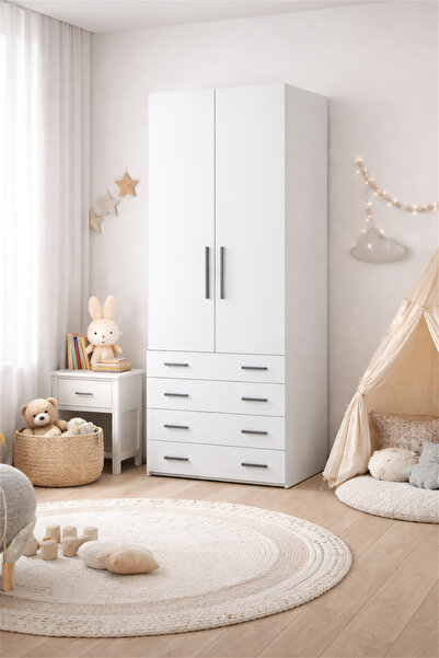 benim odam Diva 2 Kapaklı Beyaz Dolap 2 Raflı Çekmeceli Geniş Gardırop Elbise...