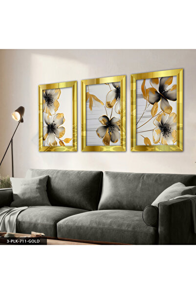 Evinemoda Crni cvet, trodelni zrcalni obraz od pleksiglasa sa zlatnim detaljima