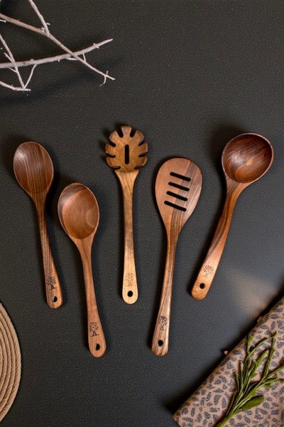 Öz ahsap El yapımı Koyu Ceviz 5 Parça Luks Tahta Kaşık Spatula Ahşap Mutfak Seti