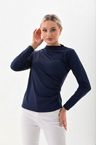 Potenza Kadın Bluz Drapeli Uzun Kollu Sandy Kumaş Yüksek Yaka Bluz