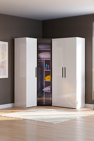 benim odam Diva 4 Kapaklı Beyaz Dolap 10 Raflı Cam Kapaklı Köşe Geniş Gardıro...