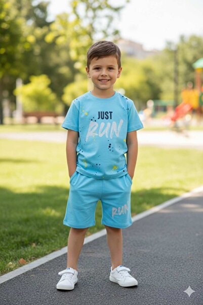 coppa kids طقم شورت و تي شيرت قطني ممشط مطبوع من Coppa Blue Run - العمر 5 سنو...