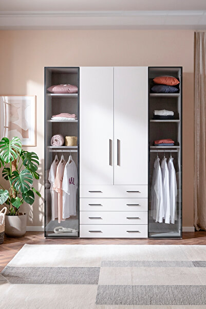 benim odam Diva 4 Kapaklı Beyaz Dolap 8 Raflı Çekmeceli Cam Kapaklı Geniş Gar...