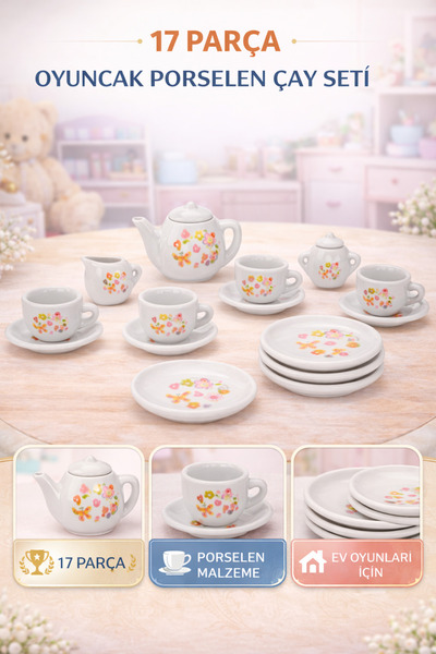 TRENDZONE Oyuncak Evcilik Seti - Oyuncak 17 Parça Kalpli Çiçekli Porselen Çay...