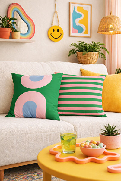 Homeilla Yeşil Pembe Soyut ve Çizgi Desenli Dijital Baskı Çift Taraflı 2'li K...