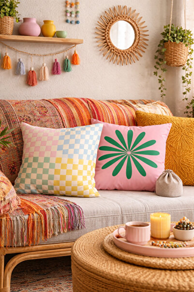 Homeilla Renkli Dama ve Soyut Çiçek Desenli Dijital Baskı Çift Taraflı 2'li K...