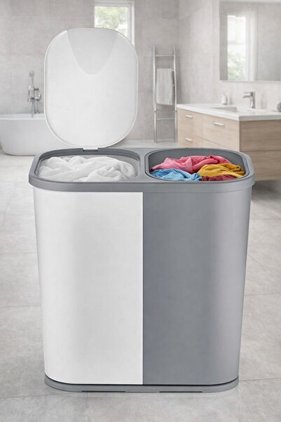 dnshome Kapaklı Çamaşır Sepeti İki Bölmeli Kirli Çamaşır Sepeti Gri & Beyaz İ...