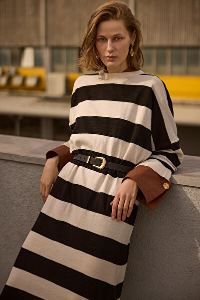 Touche Çizgili Oversize Triko Elbise