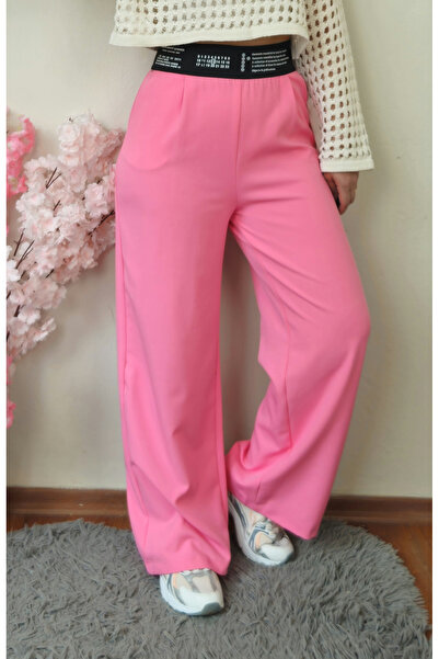 GAMZE ALPTEKİN Pink Imported Fabric Palazzo Pants with Elastic Waist and Zipper