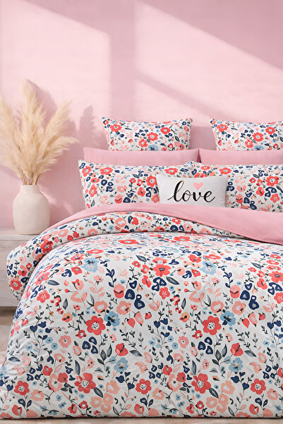 İQON Lastikli Çarşaflı Nevresim Takımı Çift Kişilik Petunya Somon