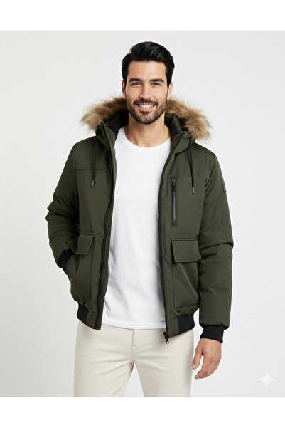 Jack & Jones Jjcharlie Detachable Faux Fur Bomber Men's Fur-Lined Khaki Hoode...