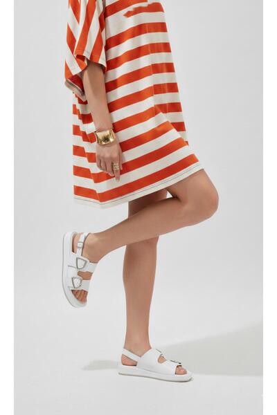 37Numara Large Size Women's Khaki Leather Sandals 41-42-43-44-45 White Leather