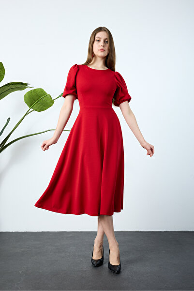 lumuteks Kırmızı Karpuz Kollu Midi Boy Elbise