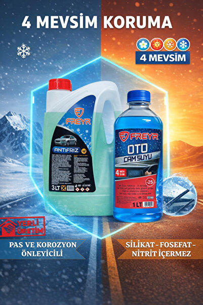 FREYR 4 Mevsim -42°C Yeşil Antifriz 3 Lt + -25°C Cam Suyu 1 Lt | Kışlık Oto B...