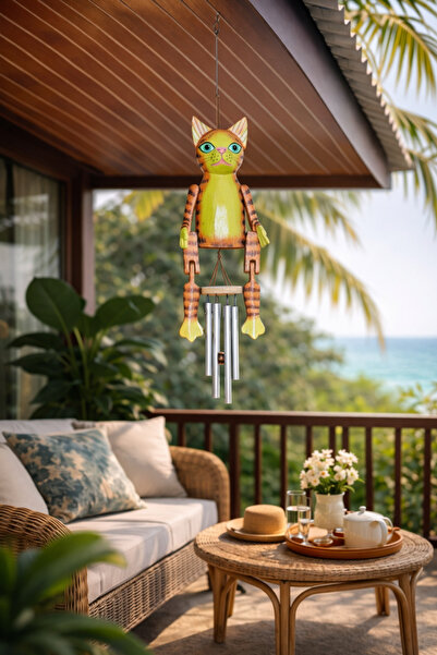 Larenya Ahşap Oyma Kedi Figürlü Rüzgar Çanı & Balkon Bahçe Tavan Süsü