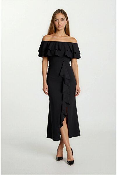 Spazio Adio Volanlı Uzun Abiye Elbise SİYAH