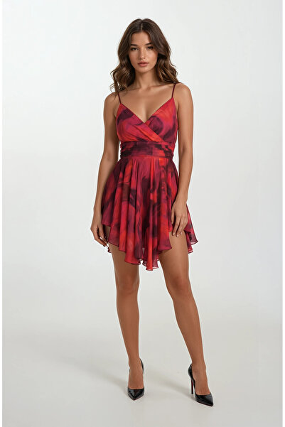 Spazio Perpetua İnce Askılı Kruvaze Bel Drapeli Kısa Abiye Elbise FUŞYA