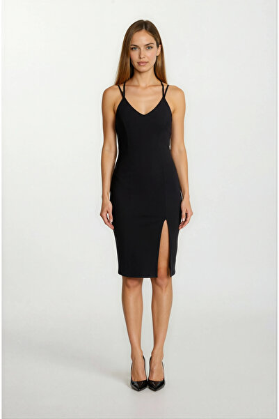 Spazio Berridge V Yaka Sırtı Çapraz Kısa Abiye Elbise SİYAH