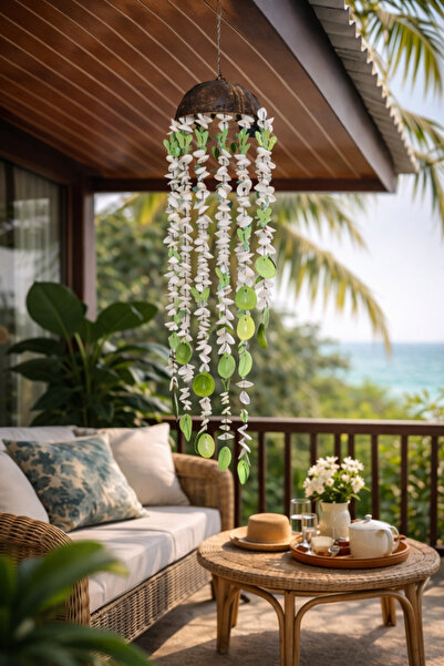 Larenya Yeşil Deniz Kabuklu Ve Kelebekli Rüzgar Çanı & Balkon Bahçe Tavan Süs...