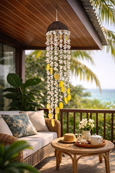 Larenya Deniz Kabuklu Ve Kelebekli Rüzgar Çanı & Balkon Bahçe Tavan Süsü & Do...