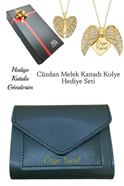 Ayleen Ayz İsme Özel Kadın Haki Yeşil Deri Zarf Cüzdan ve İsimli Melek Kanadı...