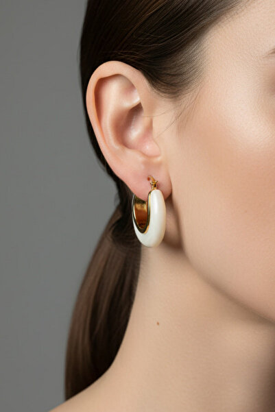 BHR AKSESUAR Gold Cream Resin Hoop Earrings (2 cm)