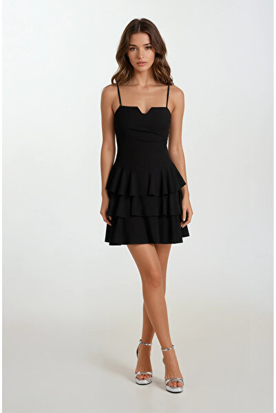 Spazio Concesso Askılı Kare Yaka Kat Kat Etek Kısa Abiye Elbise SİYAH