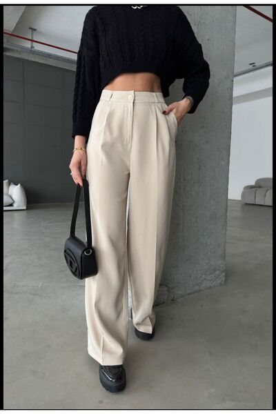 LAMİRA Neva Çırt çırt Kapama Yüksek Bel Bej Palazzo
