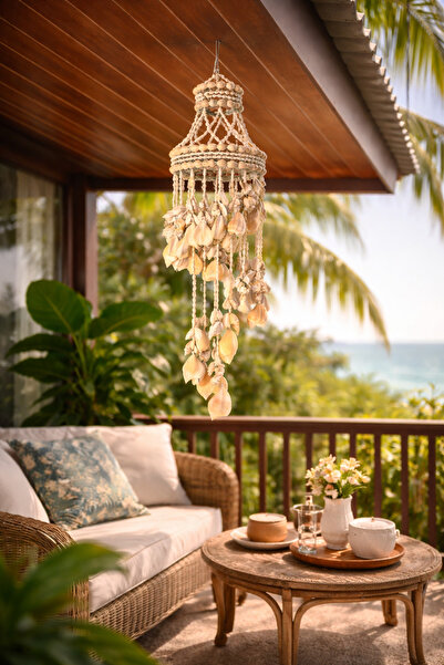 Larenya Deniz Kabuklu Rüzgar Çanı & Balkon Bahçe Tavan Süsü & Doğal Deniz Kabuğu