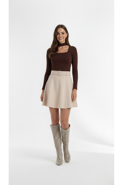 MAİMODA Belted Flared Mini Suede Skirt
