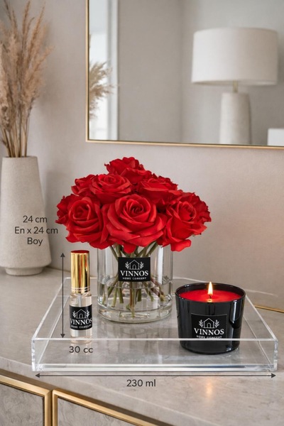 VINNOS HOME CONCEPT Kırmızı Gül Aranjmanı - 330 ml Mum- Kalıcı Çiçek Spreyi -...