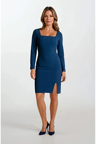 Spazio Oreonte U Yaka Yırtmaçlı Elbise PETROL