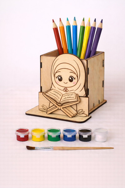 CARON CHOCOLATE حامل أقلام خشبي مع تمثال فتاة تقرأ القرآن |   اصنعها بنفسك | ...