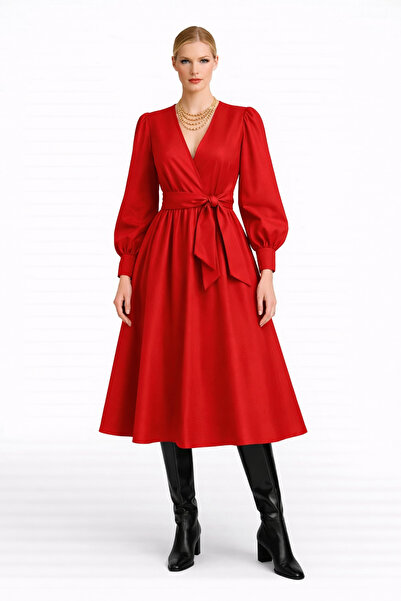 UNTIMELY Double Breasted Closure & Balloon Sleeves Red Taffeta Midi Dress