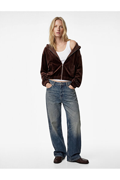 Koton Μακρυμάνικο βελούδινο μπουφάν με τσέπες και φερμουάρ με κουκούλα