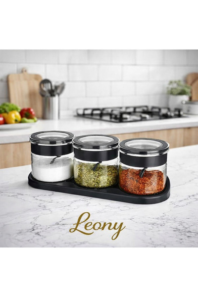Leony 3 Adet Vakumlu Kapaklı Kaşıklı 3x300 ML Standlı Baharat Seti Siyah