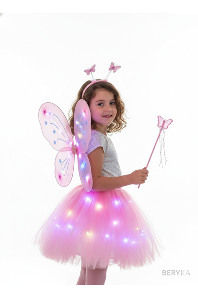 Beryka LED Işıklı Kelebekli Çocuk Kostümü - 4 Parça PEMBE