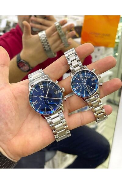 ÇENÇEN Gümüş Renk Çelik Kordon Kol Çift Saat Sevgili Saatleri Takı Seti Kombini