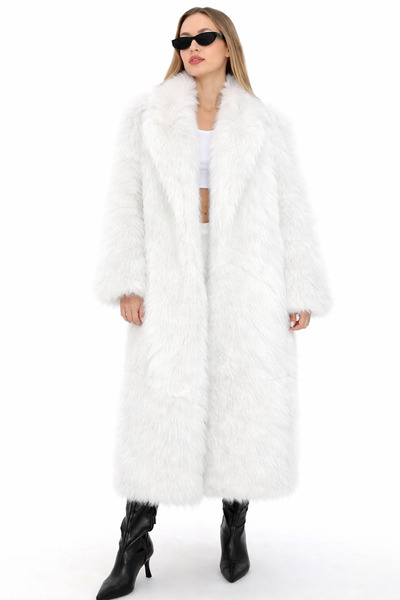 izellas Sable Élegance Beyaz Uzun Oversize Suni Kürk