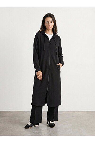 Everyday Basic قبعة رياضية طويلة بغطاء للرأس بسحاب - أسود - Refka Basic