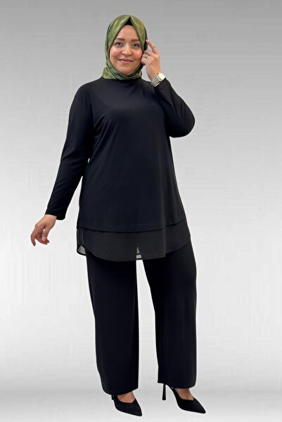 Eslina 67009 Büyük Beden Etek Ucu Şifon Detaylı Sandy Pantolonlu Takım - Siyah