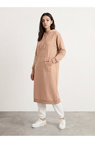 Benin Hooded Long Sweatshirt with Kangaroo Pocket - Dark Cream -