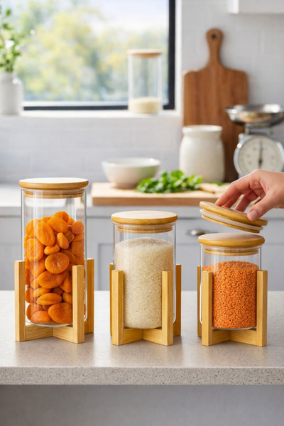 Kezze 3'lü Bambu Kapaklı Bambu Standlı Büyük Boy Cam Kavanoz Seti 1400+1200+1...