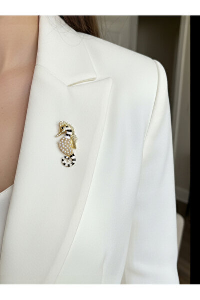 modamira İnci Detaylı Denizatı Broş - Siyah ve Beyaz - 5 cm