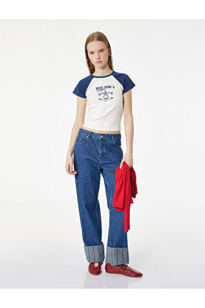 Koton Βαμβακερό μπλουζάκι με κοντό μανίκι με λαιμόκοψη