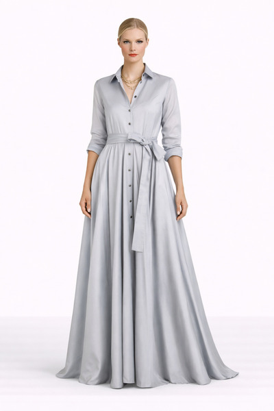 MERT ERKAN فستان قميص طويل من التفتا باللون الرمادي الناعم مع أزرار حجرية أما...