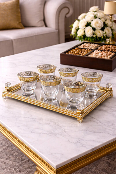 BYART طقم أكواب قهوة زجاجية مكون من 6 قطع، شفاف/ذهبي، 4 × 5.5 سم - فاخر تركي