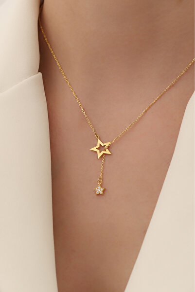 Nox Jewelry 14 Ayar Mikron Kaplama Yıldız Detaylı Sallantılı Kravat Kolye – T...