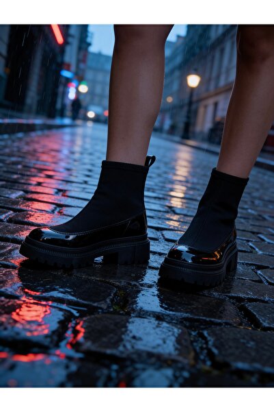 DC DONNA Women's Black Stretch Chelsea Boots Thick Sole Daily and Winter Use