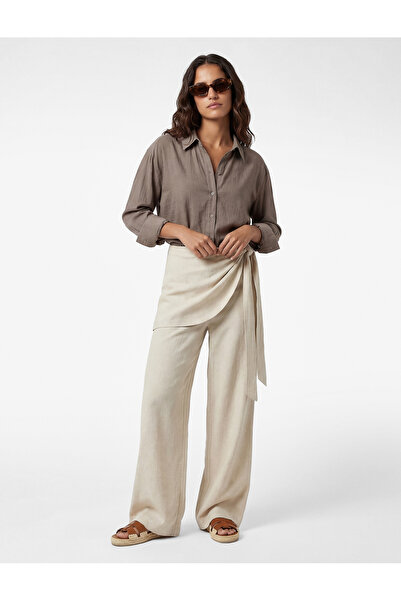 Koton Παντελόνι με φαρδιά μπατζάκια από λινό μείγμα, άνετη εφαρμογή και δέσιμ...